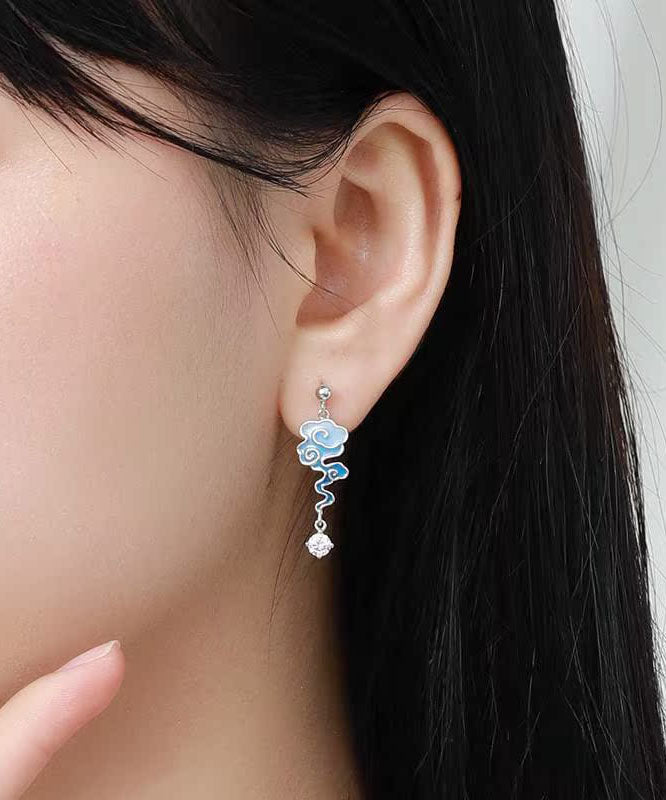Gradient Color Blue Sterling Silver Asymmetricar Zircon Xiangyun Crane Tassel Drop Earrings Ada Fashion