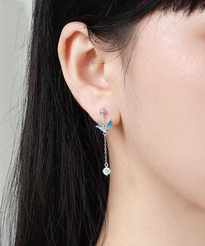 Gradient Color Blue Sterling Silver Asymmetricar Zircon Xiangyun Crane Tassel Drop Earrings Ada Fashion