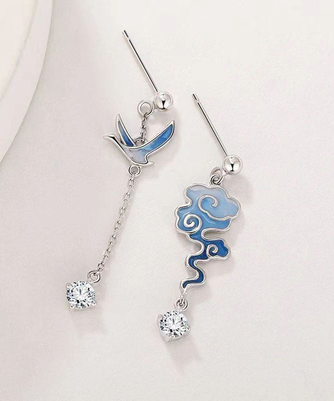 Gradient Color Blue Sterling Silver Asymmetricar Zircon Xiangyun Crane Tassel Drop Earrings TW1010 - fabuloryshop