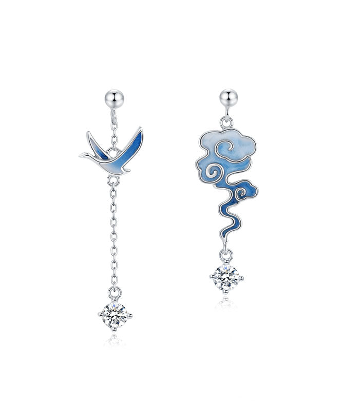 Gradient Color Blue Sterling Silver Asymmetricar Zircon Xiangyun Crane Tassel Drop Earrings Ada Fashion