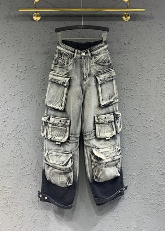 Gradient Color Grey Pockets Patchwork Straight Jeans Fall Ada Fashion