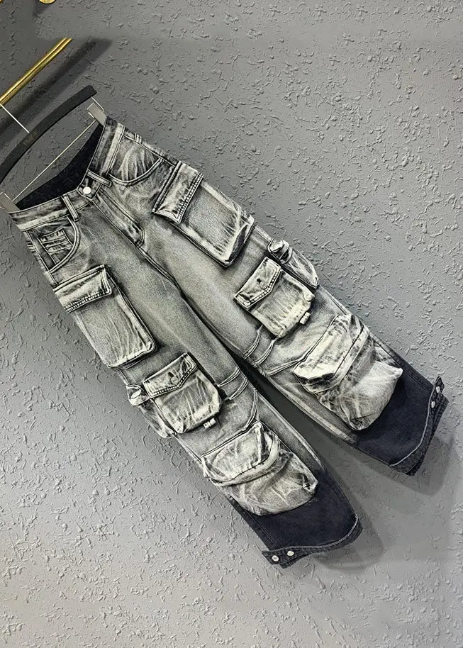 Gradient Color Grey Pockets Patchwork Straight Jeans Fall Ada Fashion