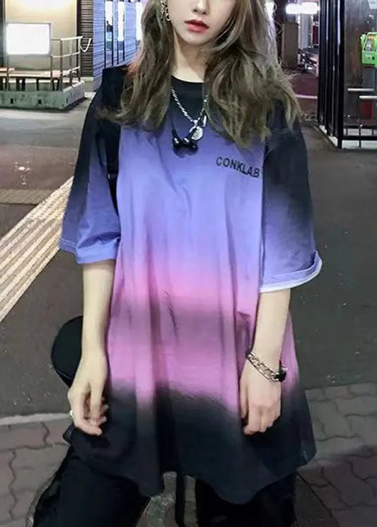 Gradient Color O Neck Tie Dye Patchwork Cotton T Shirt Summer Ada Fashion