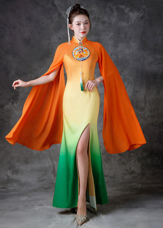 Gradient Color Orange Stand Collar Side Open Silk Fishtail Dresses Fall Ada Fashion