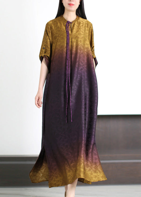 Gradient Color Purple Print Side Open Silk Maxi Dresses Summer LY5116 - fabuloryshop