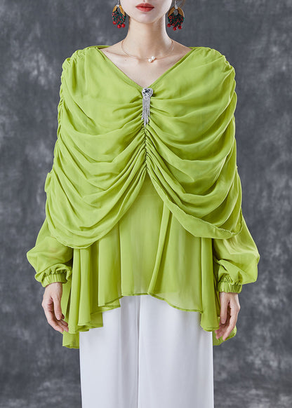 Grass Green Chiffon Blouses V Neck Wrinkled Summer TA1020 - fabuloryshop