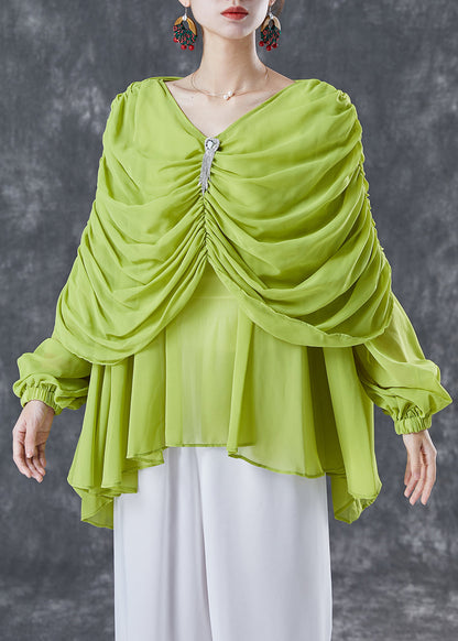 Grass Green Chiffon Blouses V Neck Wrinkled Summer TA1020 - fabuloryshop