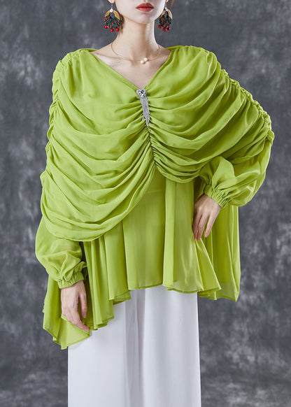 Grass Green Chiffon Blouses V Neck Wrinkled Summer TA1020 - fabuloryshop