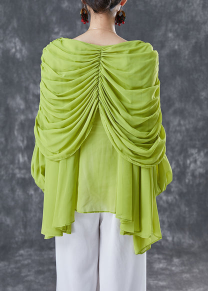 Grass Green Chiffon Blouses V Neck Wrinkled Summer TA1020 - fabuloryshop