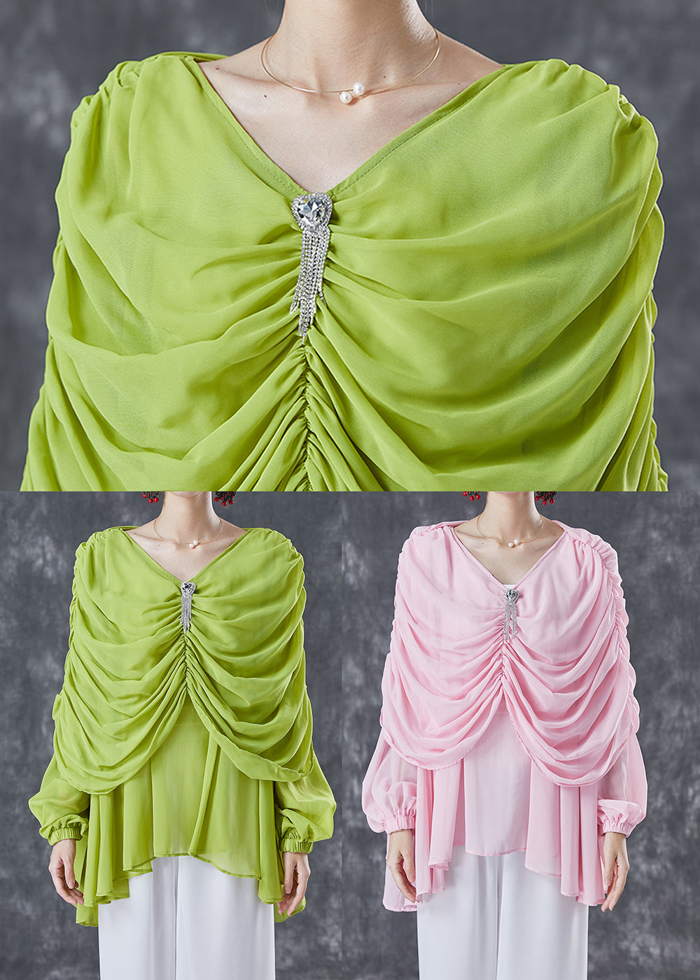 Grass Green Chiffon Blouses V Neck Wrinkled Summer TA1020 - fabuloryshop