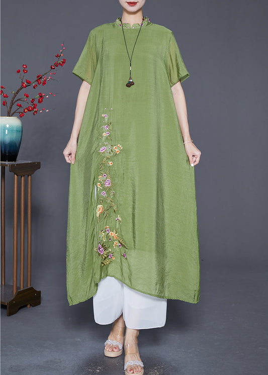 Grass Green Linen Silk Holiday Dress Embroideried Mandarin Collar Summer Ada Fashion