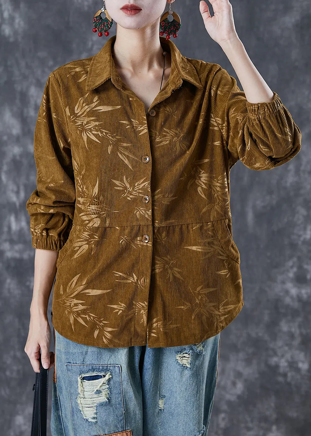 Grass Green Print Corduroy Jackets Peter Pan Collar Fall Ada Fashion