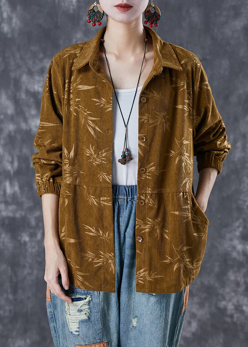 Grass Green Print Corduroy Jackets Peter Pan Collar Fall Ada Fashion