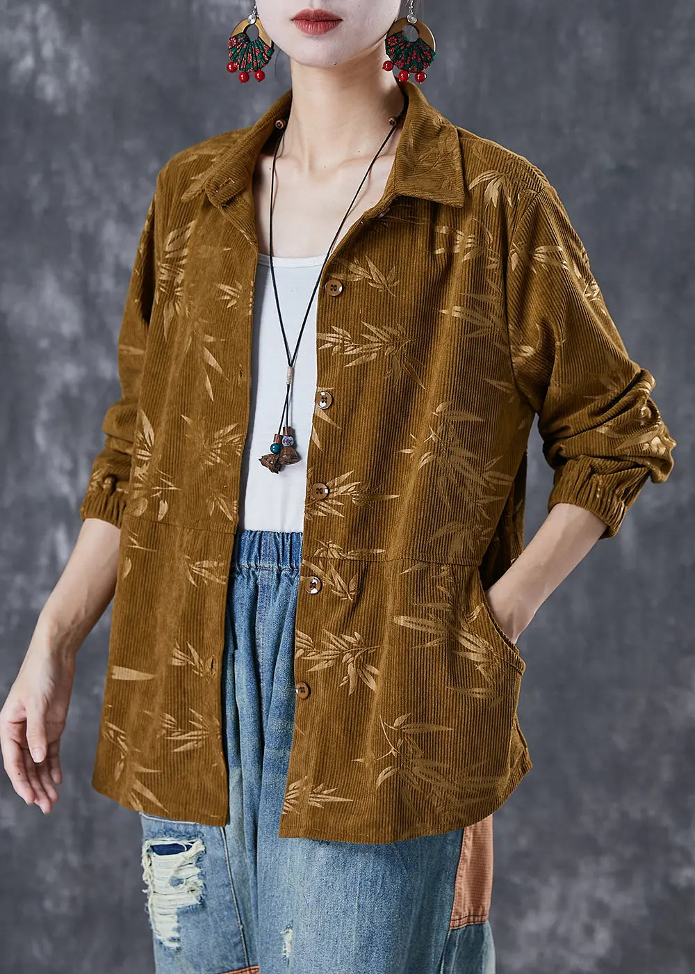 Grass Green Print Corduroy Jackets Peter Pan Collar Fall Ada Fashion