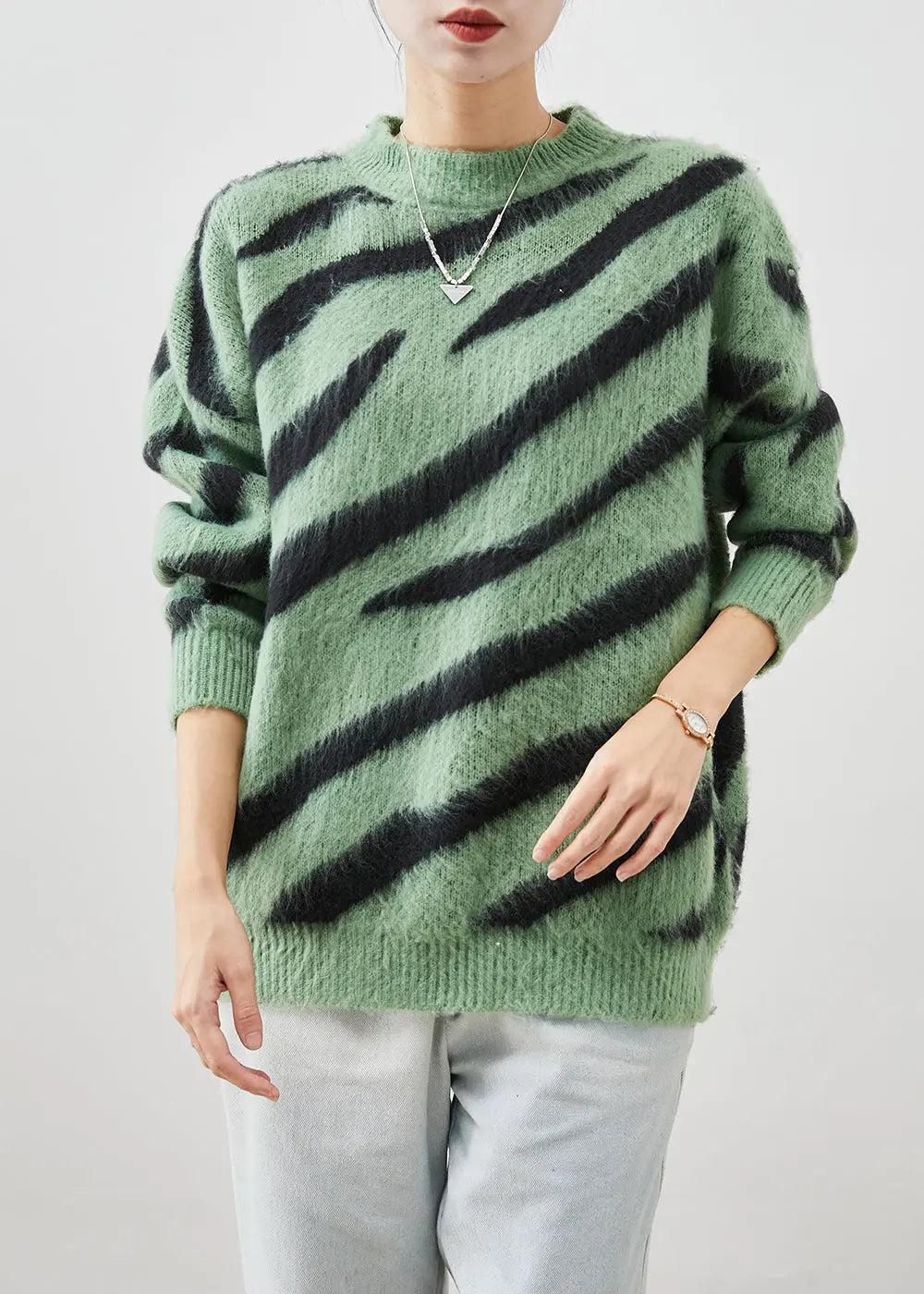 Grass Green Thick Knitted Tops Oversized Zebra Pattern Print Fall Ada Fashion