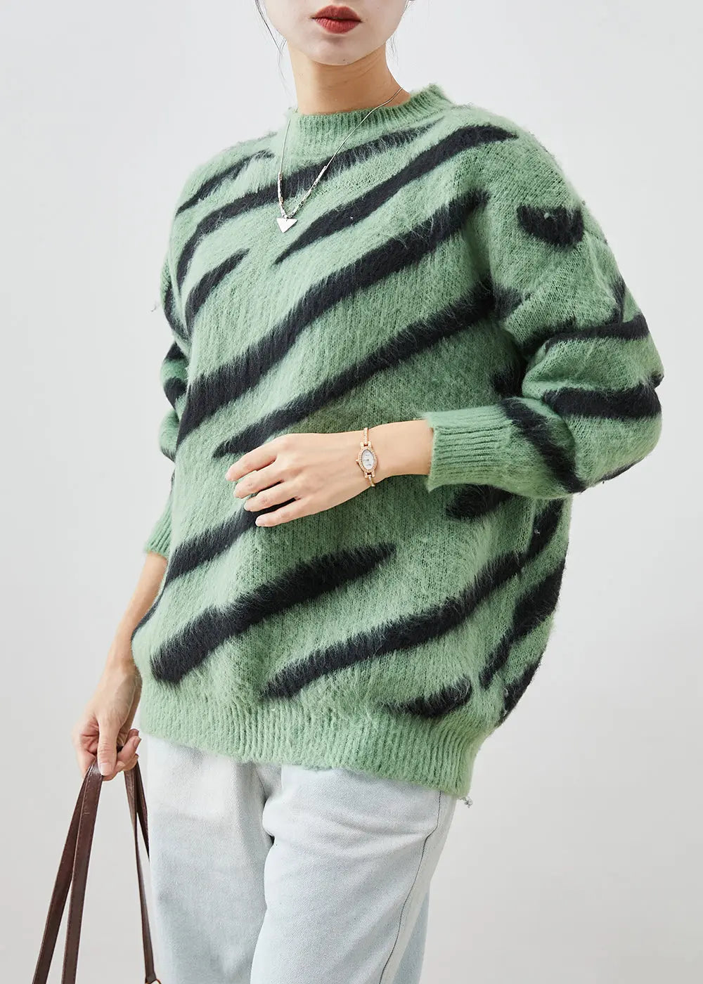 Grass Green Thick Knitted Tops Oversized Zebra Pattern Print Fall Ada Fashion