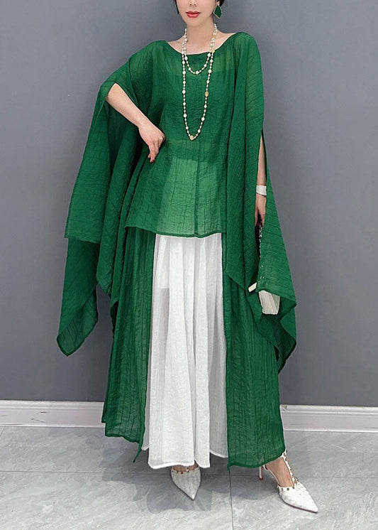 Green Asymmetrical Design Cotton Two Pieces Set Oversized Batwing Sleeve LY1577 - fabuloryshop