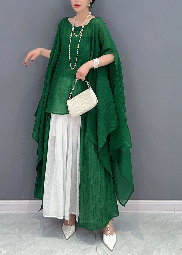 Green Asymmetrical Design Cotton Two Pieces Set Oversized Batwing Sleeve LY1577 - fabuloryshop