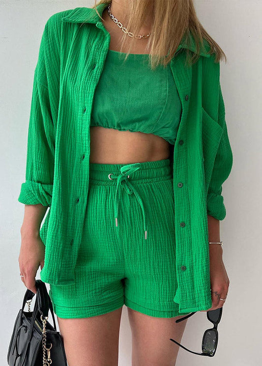 Green Button Shirts Vests And Shorts Three Pieces Set Summer LY3917 - fabuloryshop
