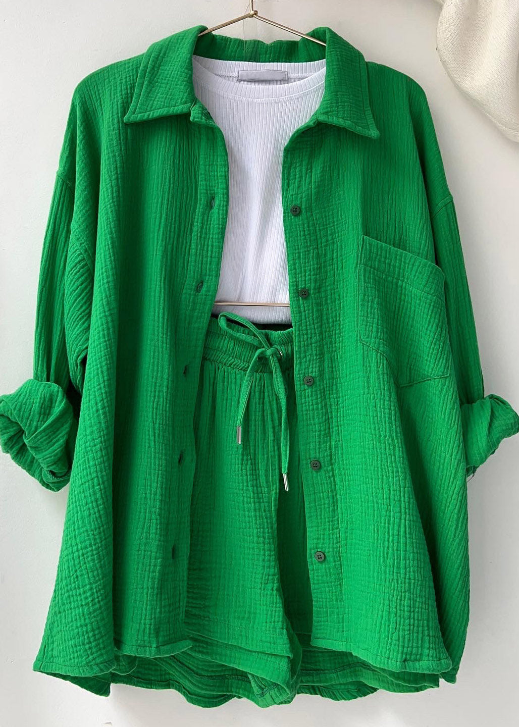 Green Button Shirts Vests And Shorts Three Pieces Set Summer LY3917 - fabuloryshop