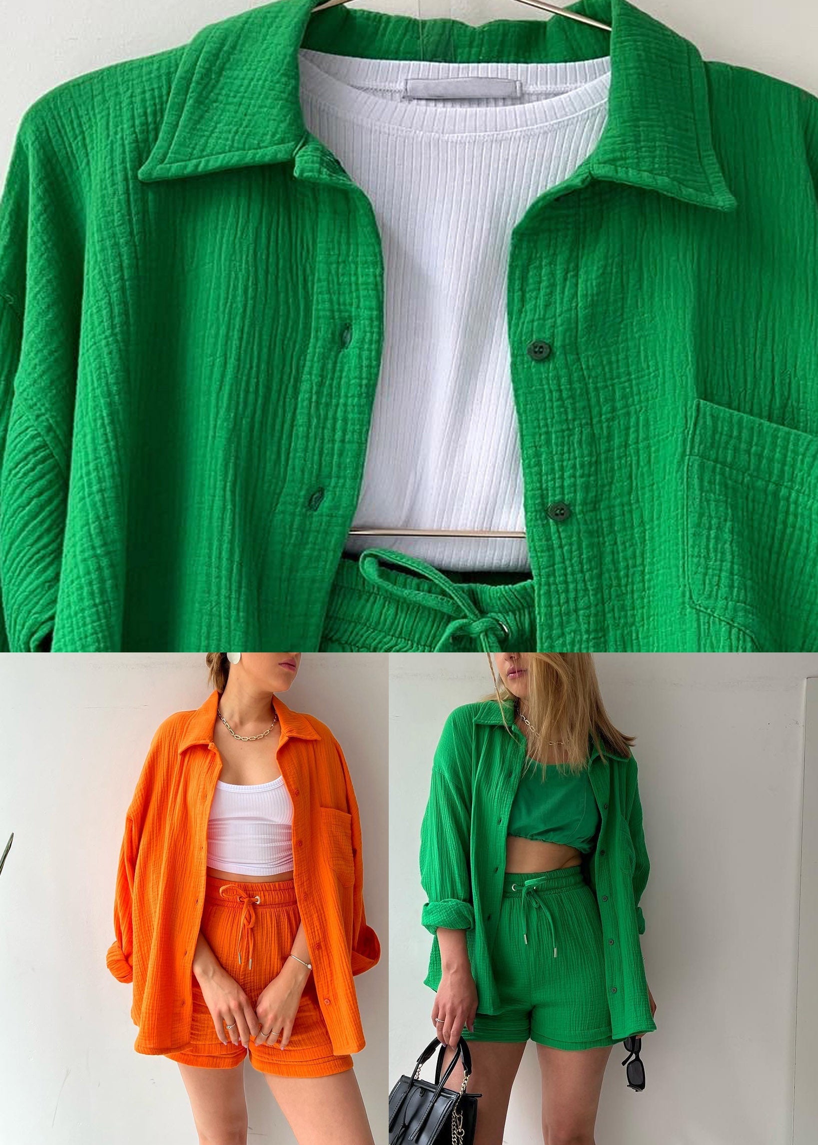 Green Button Shirts Vests And Shorts Three Pieces Set Summer LY3917 - fabuloryshop