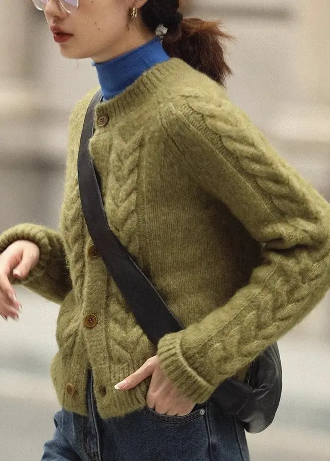 Green Cable Knit Sweaters Knit Coats O Neck Long Sleeve Ada Fashion