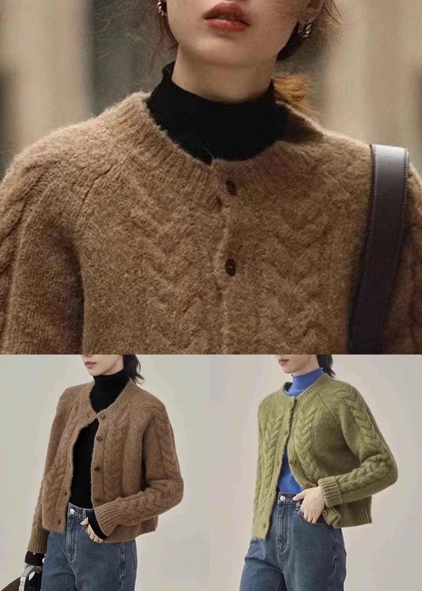 Green Cable Knit Sweaters Knit Coats O Neck Long Sleeve Ada Fashion