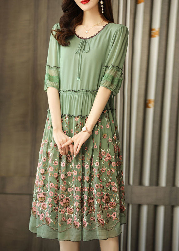 Green Chiffon Long Dress Ruffled Embroideried Summer LY0535