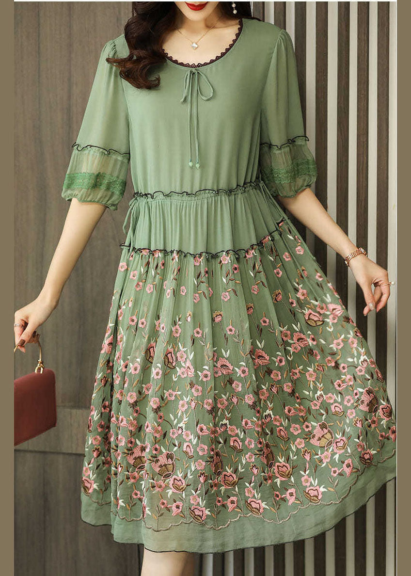Green Chiffon Long Dress Ruffled Embroideried Summer LY0535