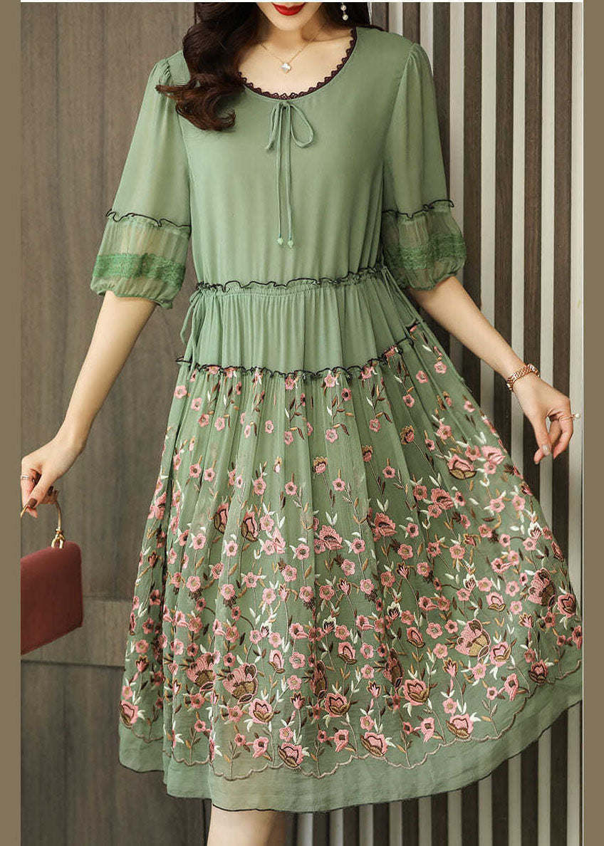 Green Chiffon Long Dress Ruffled Embroideried Summer LY0535 - fabuloryshop