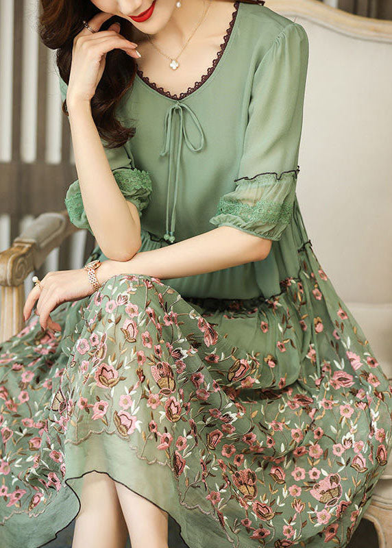 Green Chiffon Long Dress Ruffled Embroideried Summer LY0535 - fabuloryshop