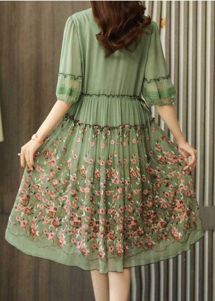 Green Chiffon Long Dress Ruffled Embroideried Summer LY0535 - fabuloryshop