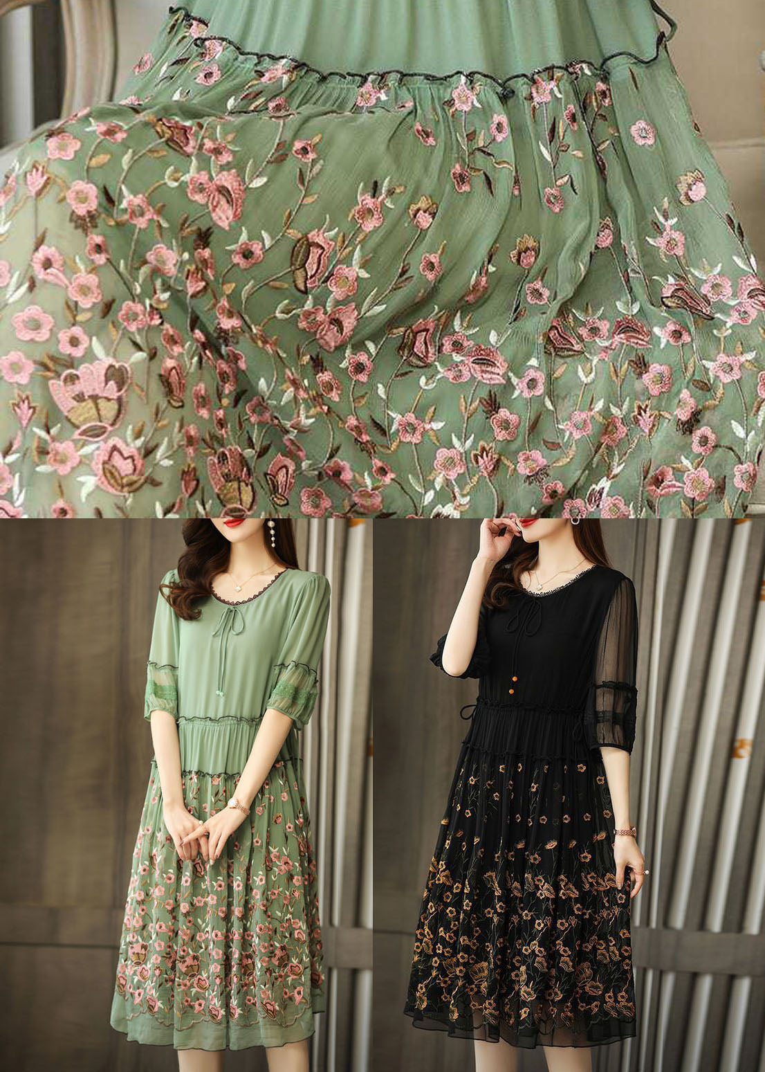 Green Chiffon Long Dress Ruffled Embroideried Summer LY0535 - fabuloryshop