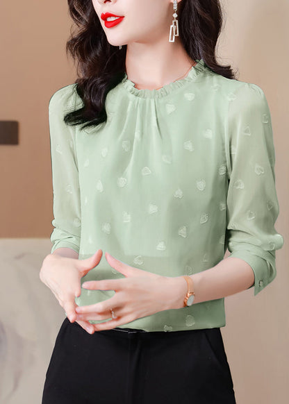 Green Chiffon Shirt Top O-Neck Ruffled Spring LY0451 - fabuloryshop