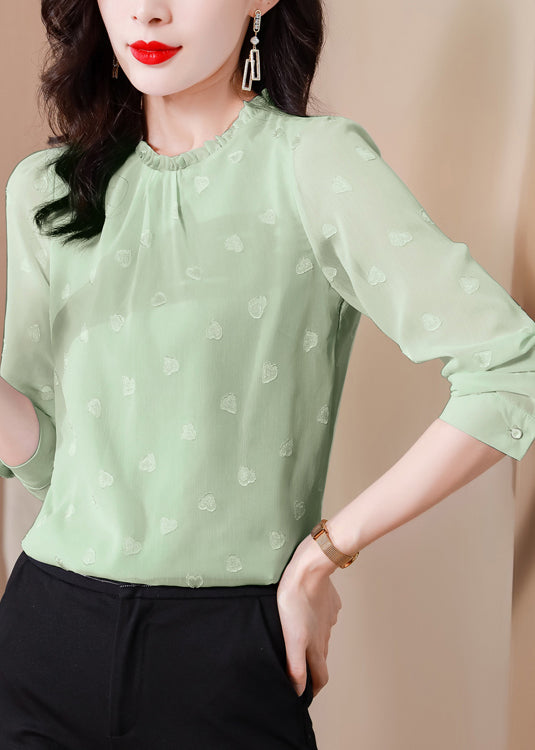 Green Chiffon Shirt Top O-Neck Ruffled Spring LY0451 - fabuloryshop