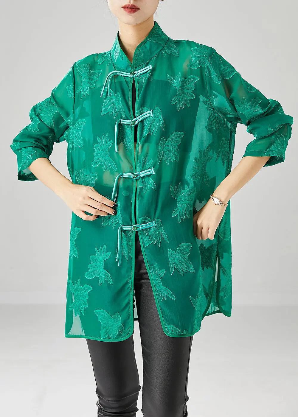 Green Chiffon UPF 50+ Shirts Oversized Chinese Button Fall Ada Fashion