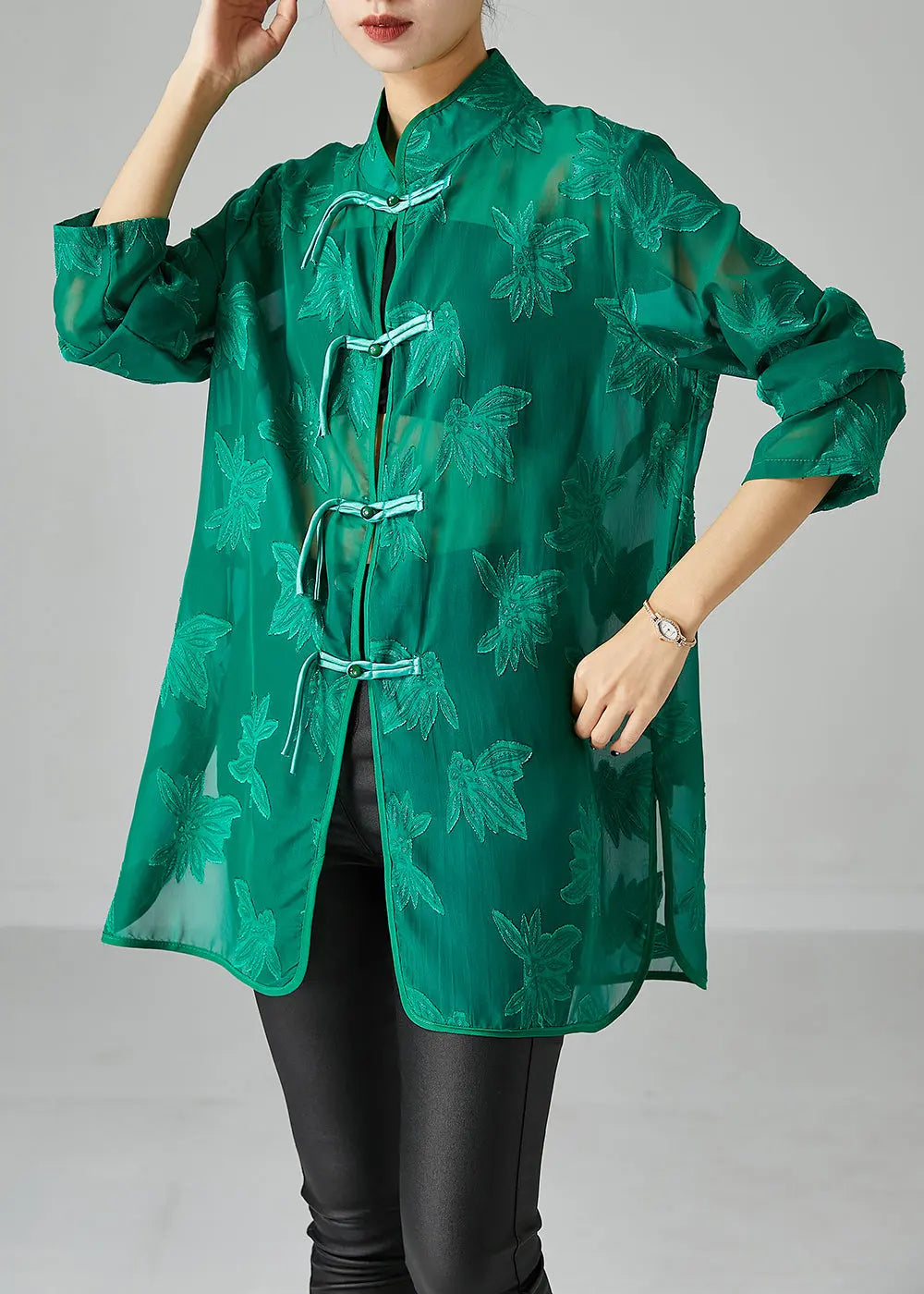 Green Chiffon UPF 50+ Shirts Oversized Chinese Button Fall Ada Fashion