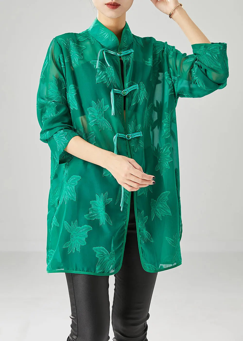 Green Chiffon UPF 50+ Shirts Oversized Chinese Button Fall Ada Fashion