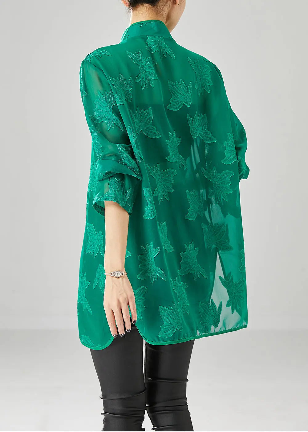 Green Chiffon UPF 50+ Shirts Oversized Chinese Button Fall Ada Fashion