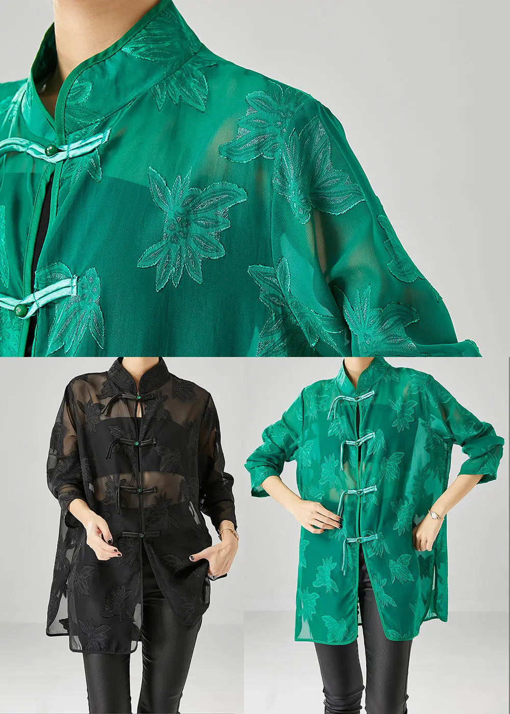 Green Chiffon UPF 50+ Shirts Oversized Chinese Button Fall Ada Fashion