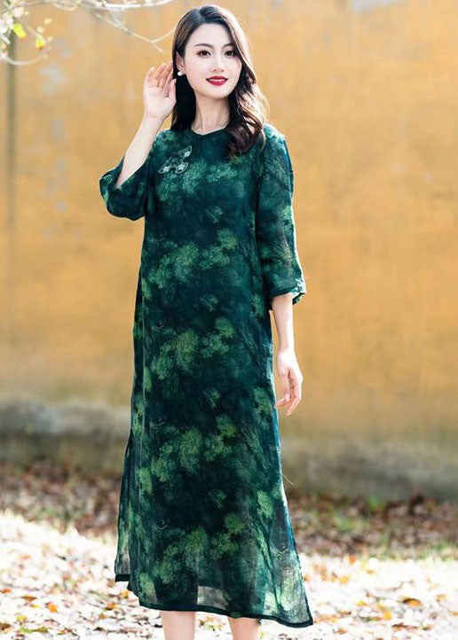 Green Chinese Button Patchwork Linen Long Dress O Neck Summer LY2530 - fabuloryshop