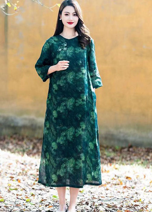 Green Chinese Button Patchwork Linen Long Dress O Neck Summer LY2530 - fabuloryshop