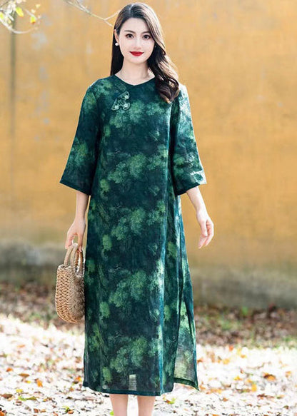 Green Chinese Button Patchwork Linen Long Dress O Neck Summer LY2530 - fabuloryshop