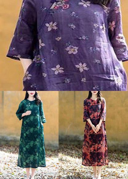 Green Chinese Button Patchwork Linen Long Dress O Neck Summer LY2530 - fabuloryshop