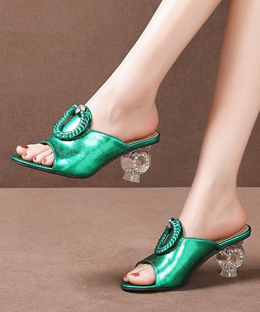 Green Chunky Clear Heels Cowhide Leather Stylish Peep Toe Thong Sandals LC0189 - fabuloryshop