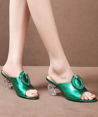 Green Chunky Clear Heels Cowhide Leather Stylish Peep Toe Thong Sandals LC0189 - fabuloryshop