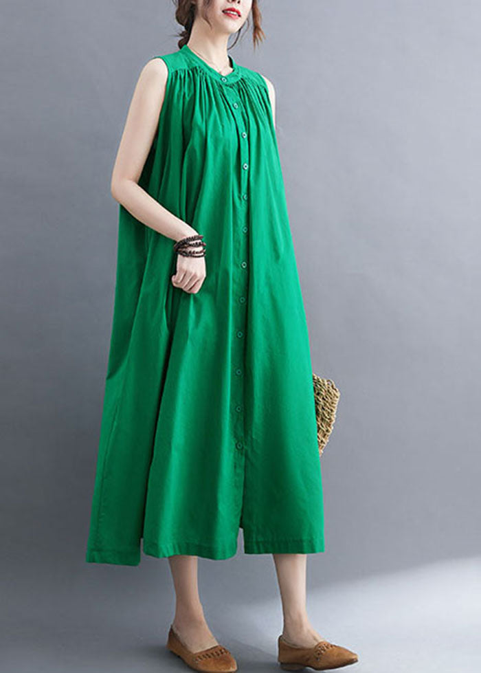Green Cotton A Line Dress O-Neck Oversized Summer LY0656