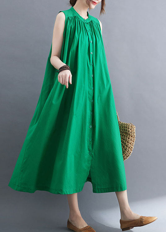 Green Cotton A Line Dress O-Neck Oversized Summer LY0656