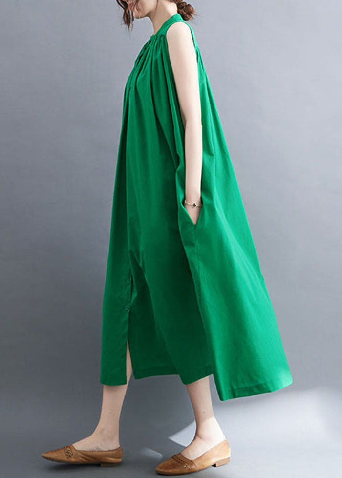 Green Cotton A Line Dress O-Neck Oversized Summer LY0656 - fabuloryshop