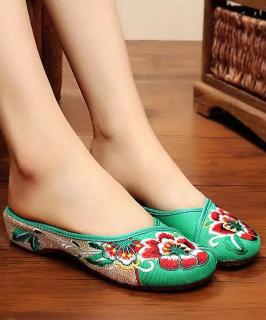 Green Cotton Fabric Retro Embroidery Splicing Slide Sandals Ada Fashion